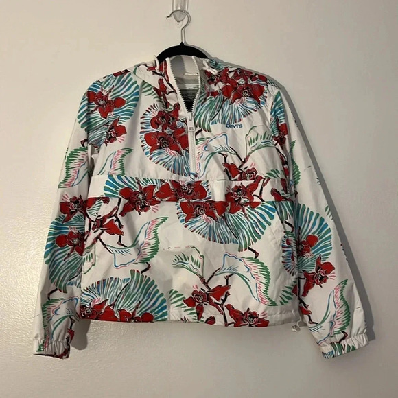 Levi’s | Floral cropped nylon quarter zip jacket Women’s size XS oversized hood - Picture 2 of 12